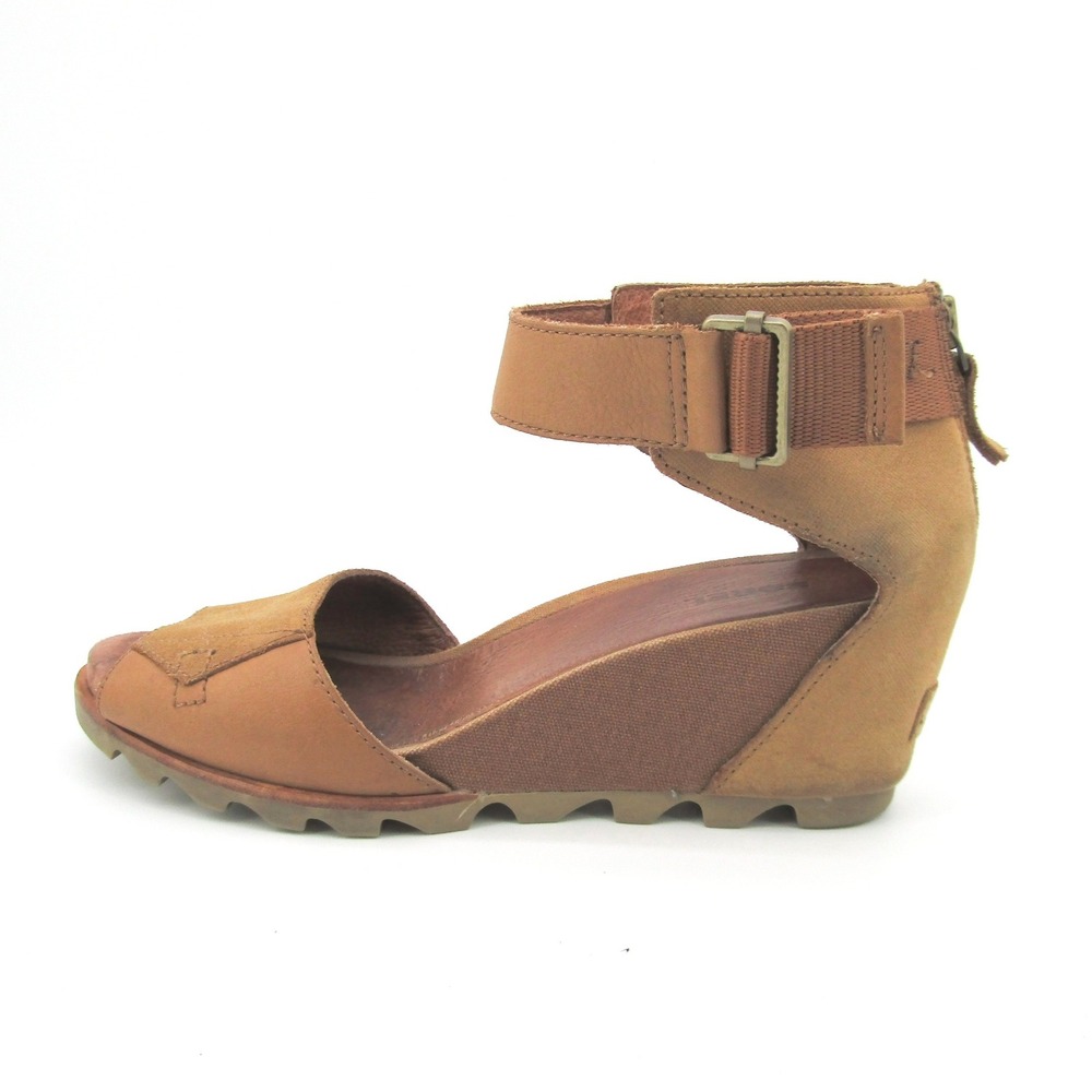 Sorel Wedge Ankle Strap Sandals Joanie Size 10.5 Women Tan Suede Leather